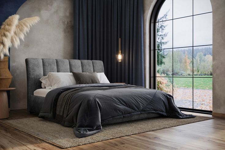 mid you stoppad säng , grafitfärgad , trä, textil, trämaterial , bok , 160x200 cm , förvaring, ribbotten, stoppad huvudgavel, finns i olika